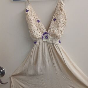 Elegant Cream Lace Dress with Purple Accents